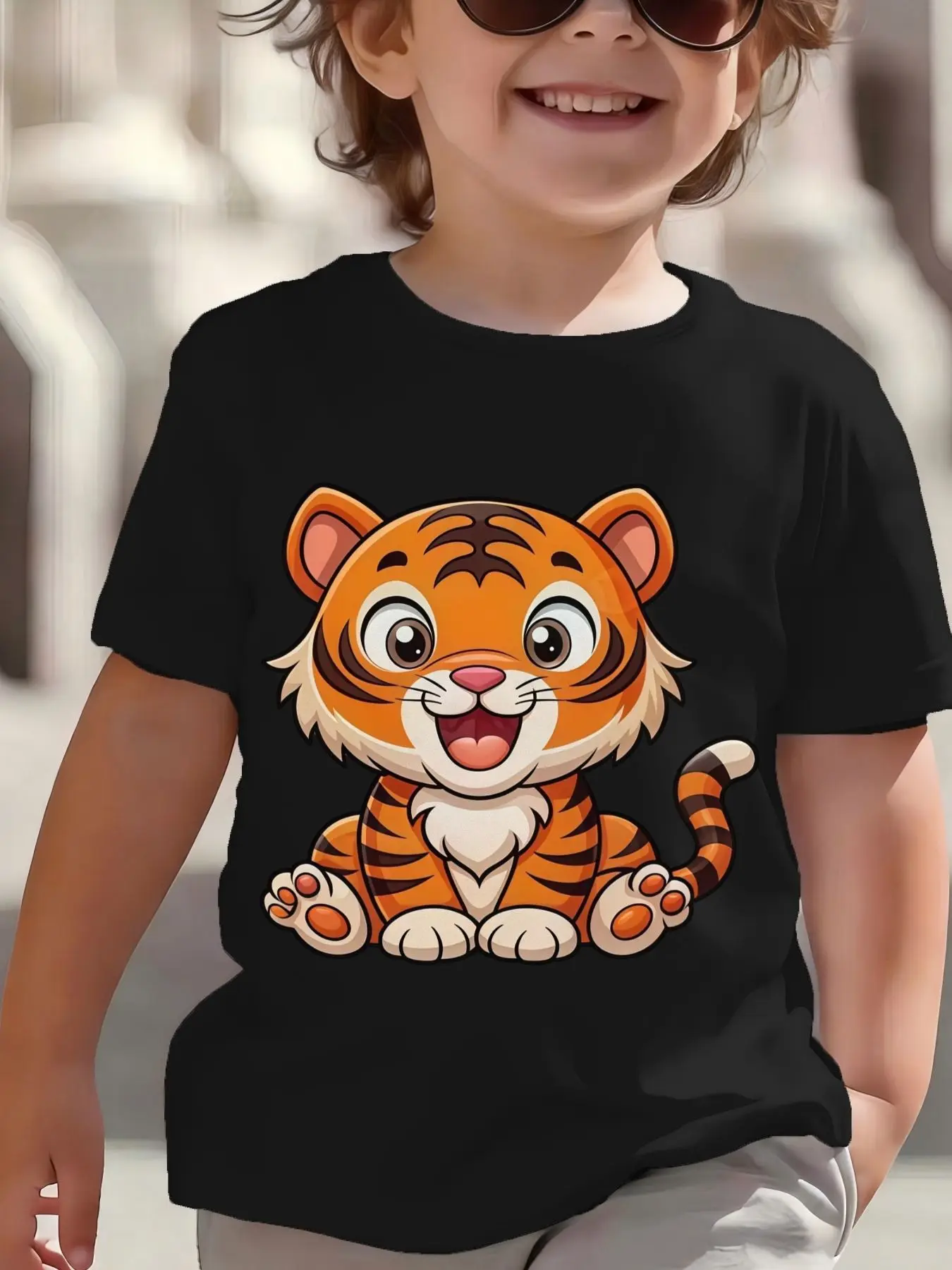 Kids Boys Girls Parent Child Matching Tee Cartoon Tiger Print Short Sleeve Crew Neck Soft Casual Family Daily Party Wear Tee