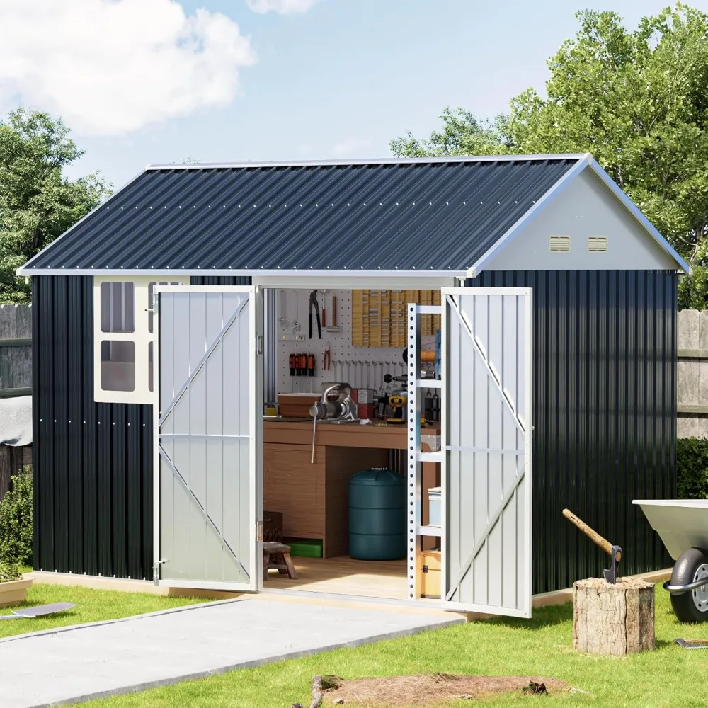 

8X10FT Outdoor Steel Storage Shed with Clear Window, Lockable Doors, Weather-Resistant Metal Tool Shed for Garden, Backyard