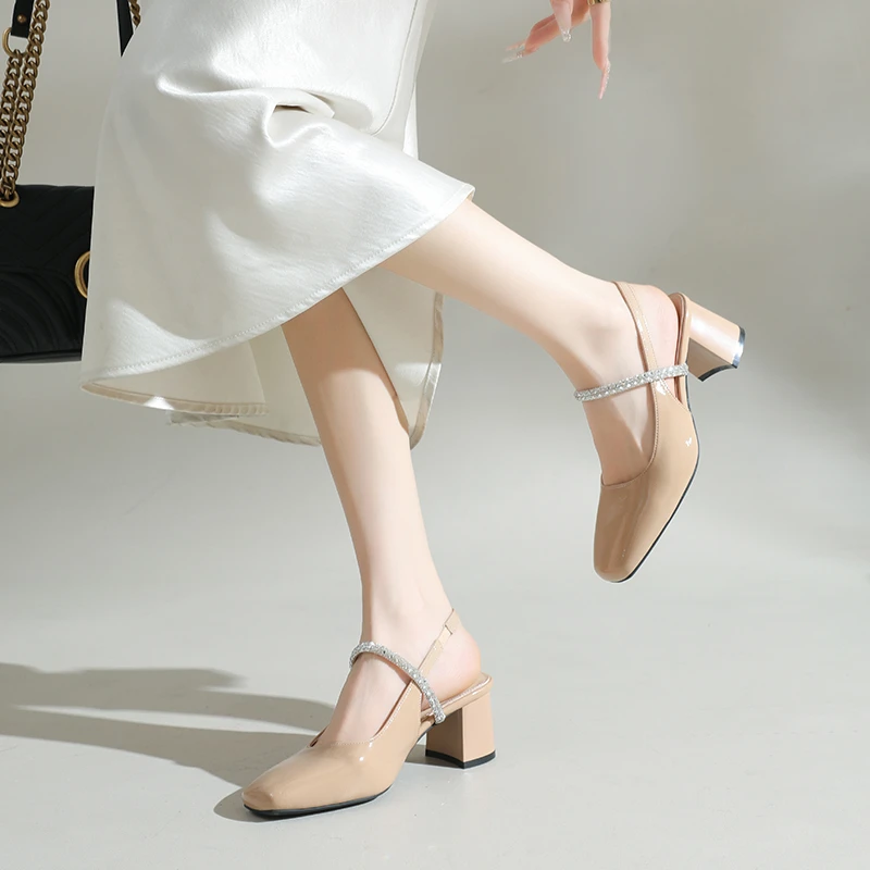 

Women Square Toe Rhinestone Slingback Pumps Block Mid Heel Back Strap Slip On Formal Party Dress Sandals