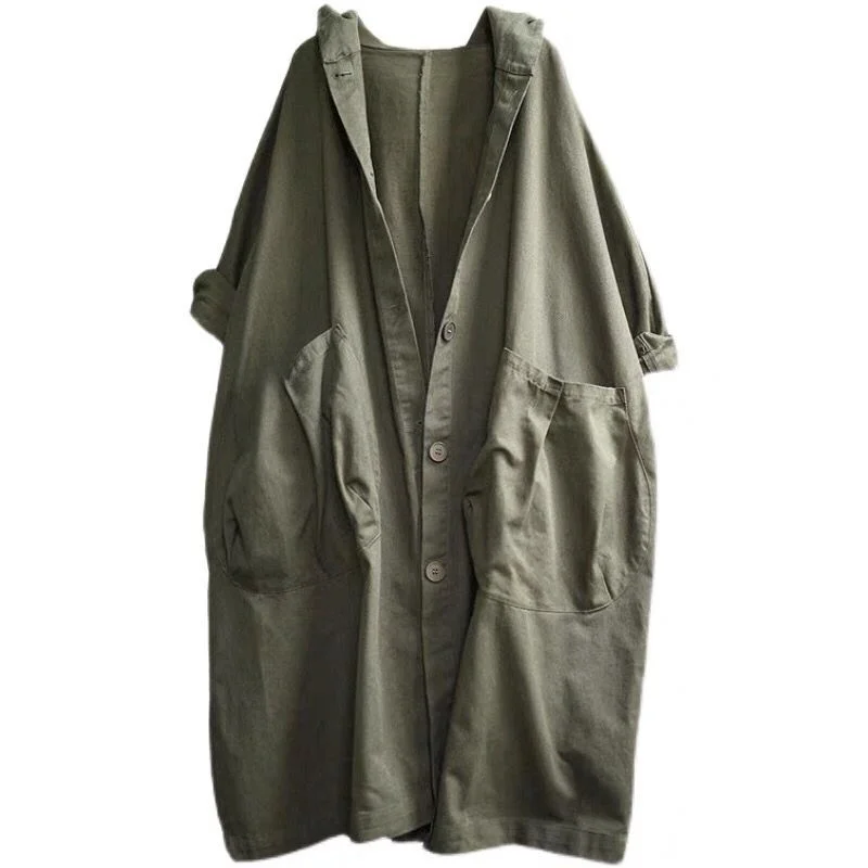 

Knee-Length Batwing Sve Hooded Cotton Coat Women's Mid-Length Oversized Pure Cotton Windbreaker Korean Sle Commute