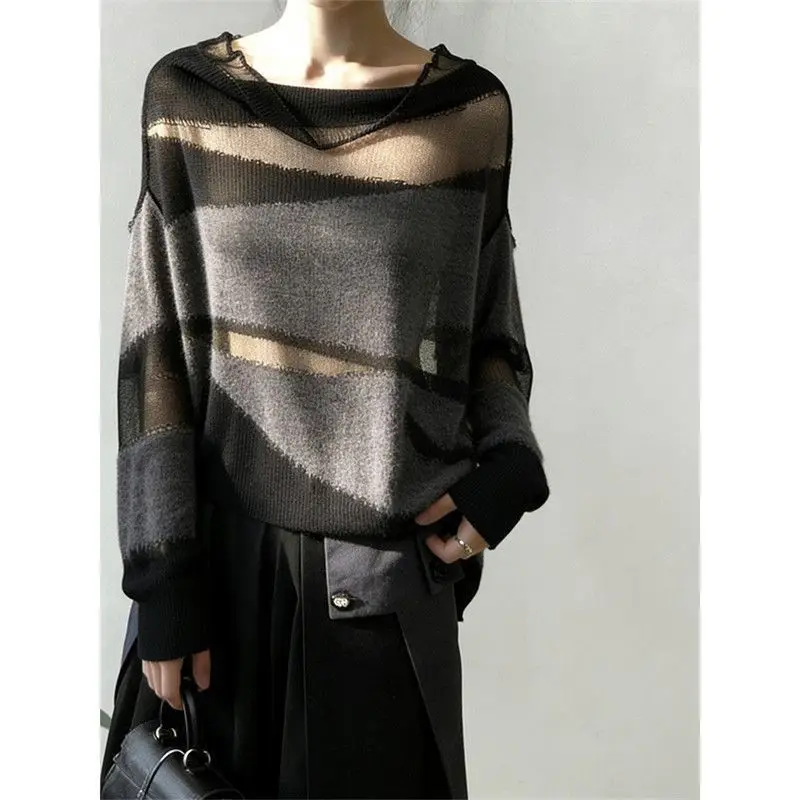 Atmospheric Contrasting See-through Sweater for Women Spring New Style High-end Versatile Slimming Pullover Sweater Top