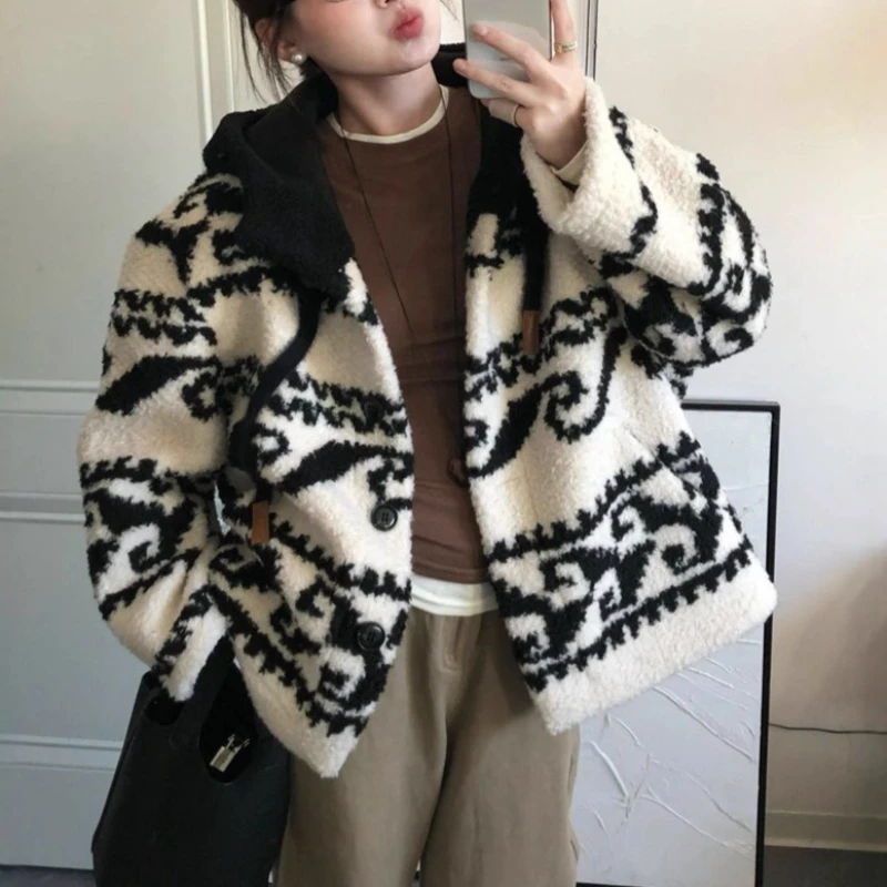 Women Print Knit Jackets Thick Hoodies Faux Fur Coat Loose Single Breasted Long Sleeve Jacket Casual Spliced Office Lady Winter