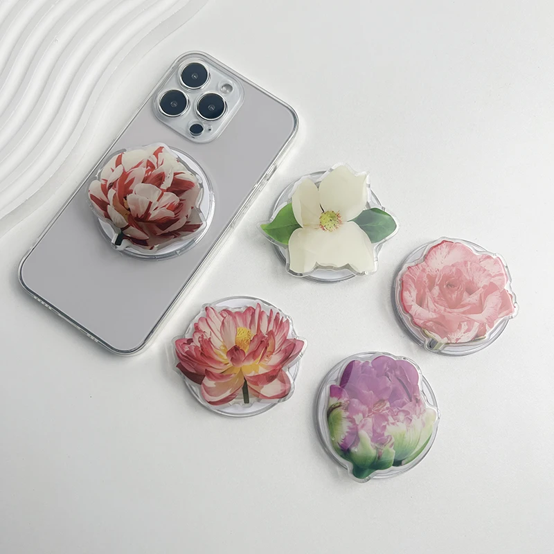 Elegante suporte de telefone acrílico de lótus soquete magnético aperto suporte de telefone para magsafe iphone mac samsung anel seguro expansão de dedo