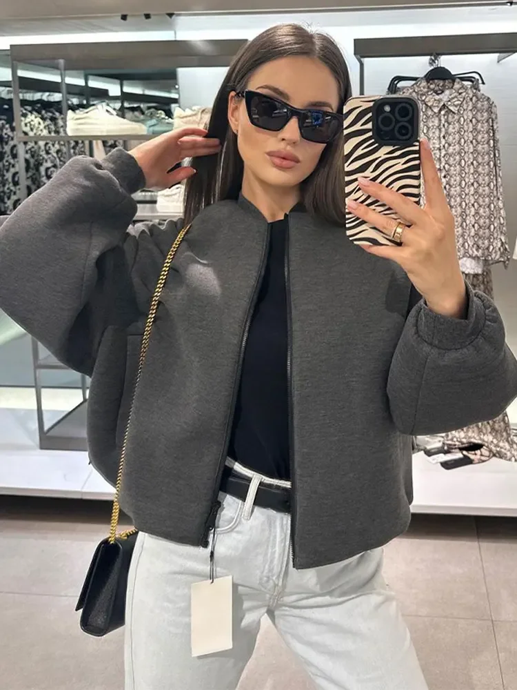 

Cropped Gray Warm Bomber Jacket Ticken Faux Cashmere Zipper Autumn Women Coat Single Breasted Stand Collar Pocket Streetwear