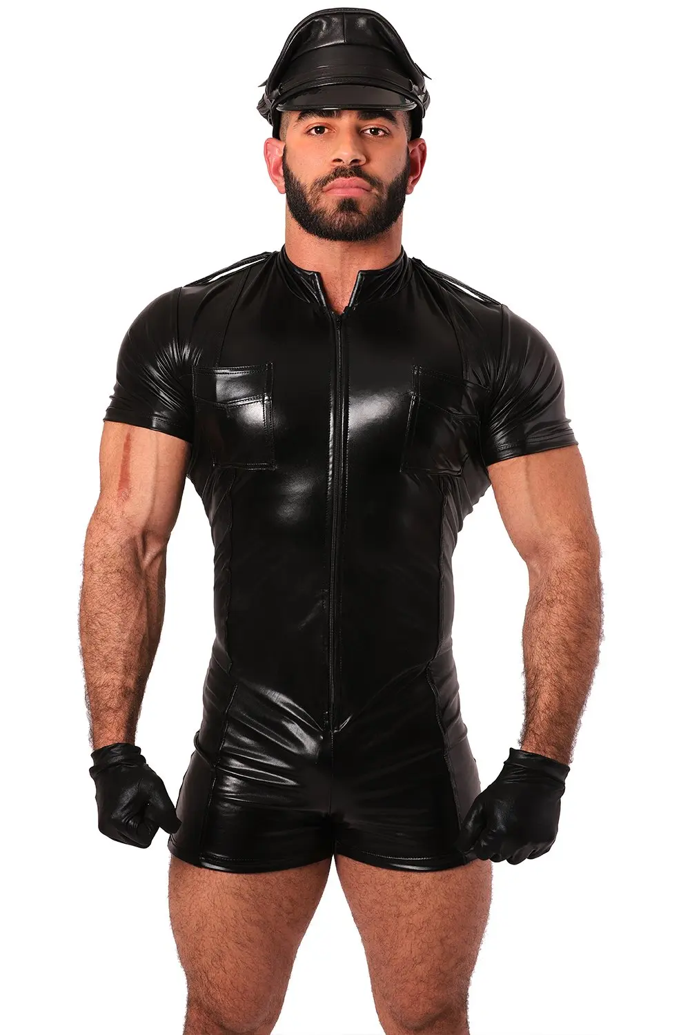 Camisas de cuero eróticas para hombres, Wetlook fetiche, uniforme de policía de piel sintética, disfraces Sexy, traje Zentai de Orgullo Gay, body