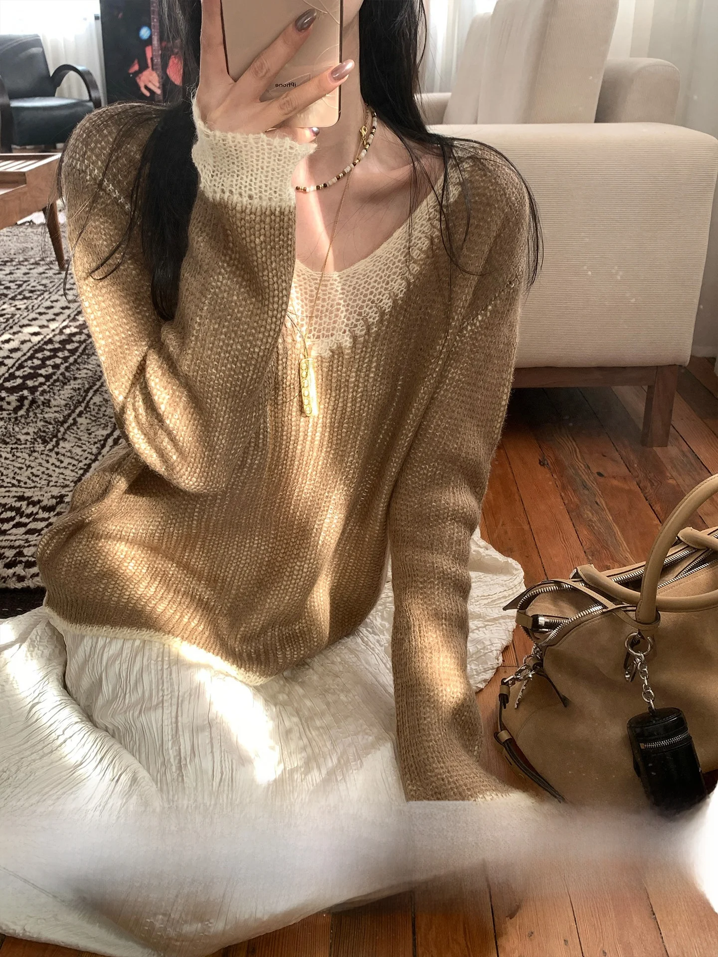 

Caramel Color Blo Woolen Knitted Sweater V-Ne Hollow out Design Artistic Contrast Color Hanging Artwork Commute Sle Loo...