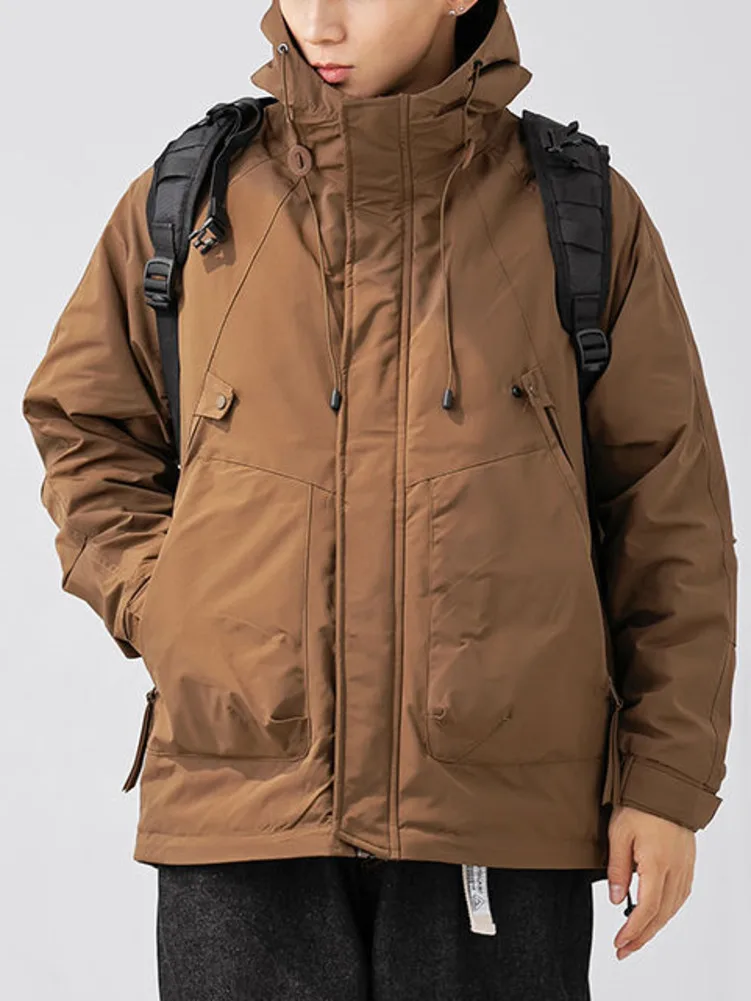 Winter Cargo Jacket Men Solid Large Pocket Hooded Down Coat Men Retro Solid Color Warm Outdoors Windbreaker Down Jacket