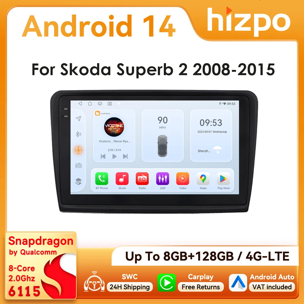 10,1" Hizpo 2Din CarPlay Android Auto Autoradio für Skoda Superb 2 B6 2008 - 2015 Snapdragon 6115 GPS RDS DSP SWC BT 4G 360 ° GLAS