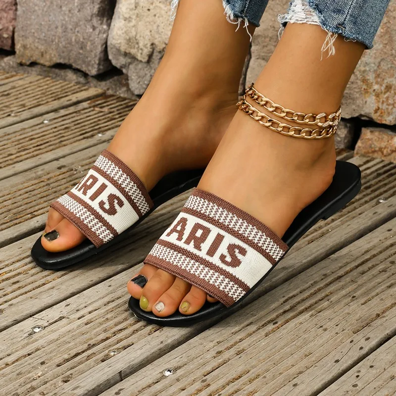 

Fashionable Embroidered Letter Women's Slippers Luxurious Round Toe Mesh Women's Sandals Summer Outdoor Casual Beach Flip-flops