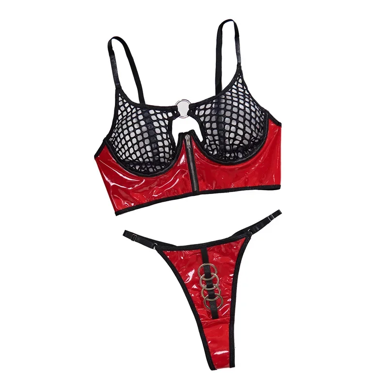 Hot-selling new grid sexy patent leather women\'s underwear gathering with steel ring fun two-piece set sexy lingerie body suit