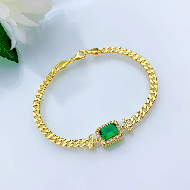 Imagem -03 - Grown Emerald Cuban Chain Bracelet 925 Sterling Silver Charm Bracelets 14k Gold Plated Bangle Fine Jewelry 6x8 mm Lab