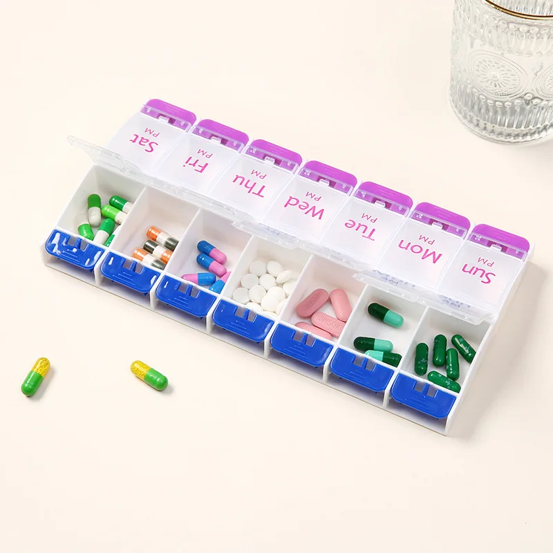 Push Button (7-Day) Pill Case, Medicine Planner, Vitamin Organizer, 2 Times a Day AM/PM, Large Compartments, Arthritis Friendly
