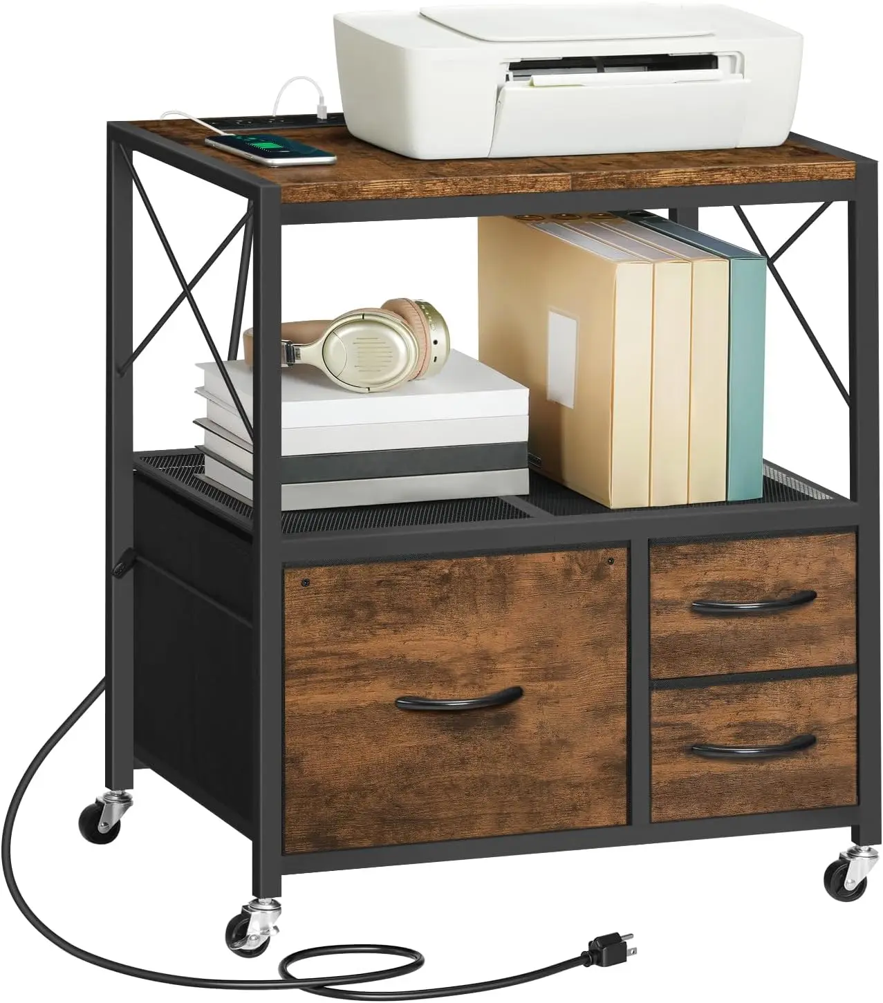 

3-Drawer Lateral File Cabinet with Charging Station, Mobile Printer Stand, Rustic Brown for Home Office