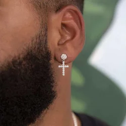 Male HipHop Ear Studs Full White Zircon Cross Stud Earrings For Men Women Punk Vintage Gold Silver Color Unisex Party Jewelry
