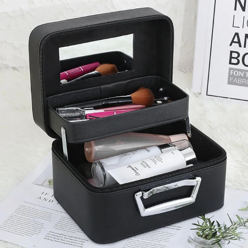 New Makeup Bag Portable Large Capacity Texture Small Square Bag PU Leather Simple Fashion Travel Cosmetics Storage Box Solid Pop