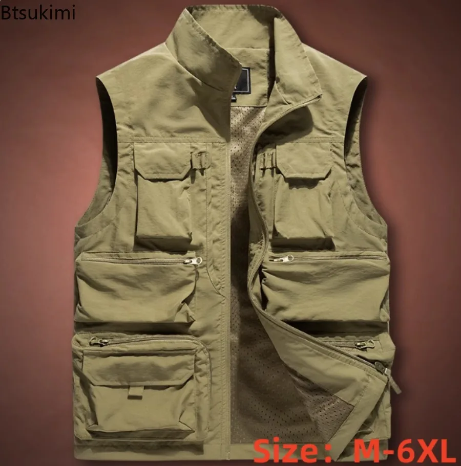 

2025 New Men's Vest Tactical Webbed Gear Coat Summer Photographer Waistcoat Tool Many Pocket Mesh Work Sleeveless Jacket Male