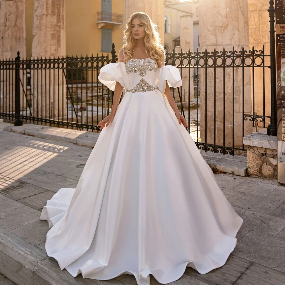 Lorencia Princess A Line Wedding Dress Puffy Short Sleeve Sequins Crystal Beaded for Women Bride Gowns Vestidos De Novia YAW72