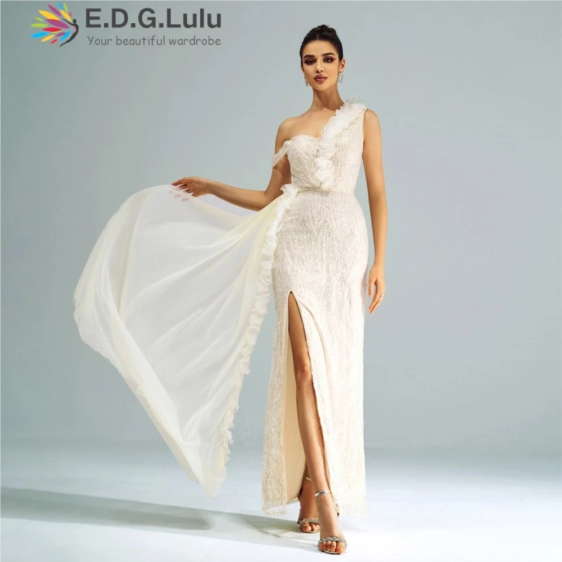 EDGLuLu  Asymmetric Collar Light Yellow Long Dresses 2024 Women Design High Waist Mesh Ribbon Splicing Party Evening Dress 1220