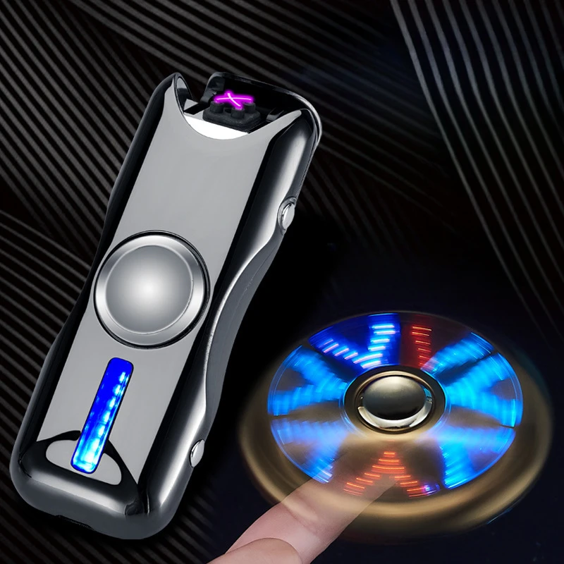 Creative Metal Fidget Spinner Lighter, Double Arc Plasma Flameless Ignition with LED, USB Charging Novel Smoking Present