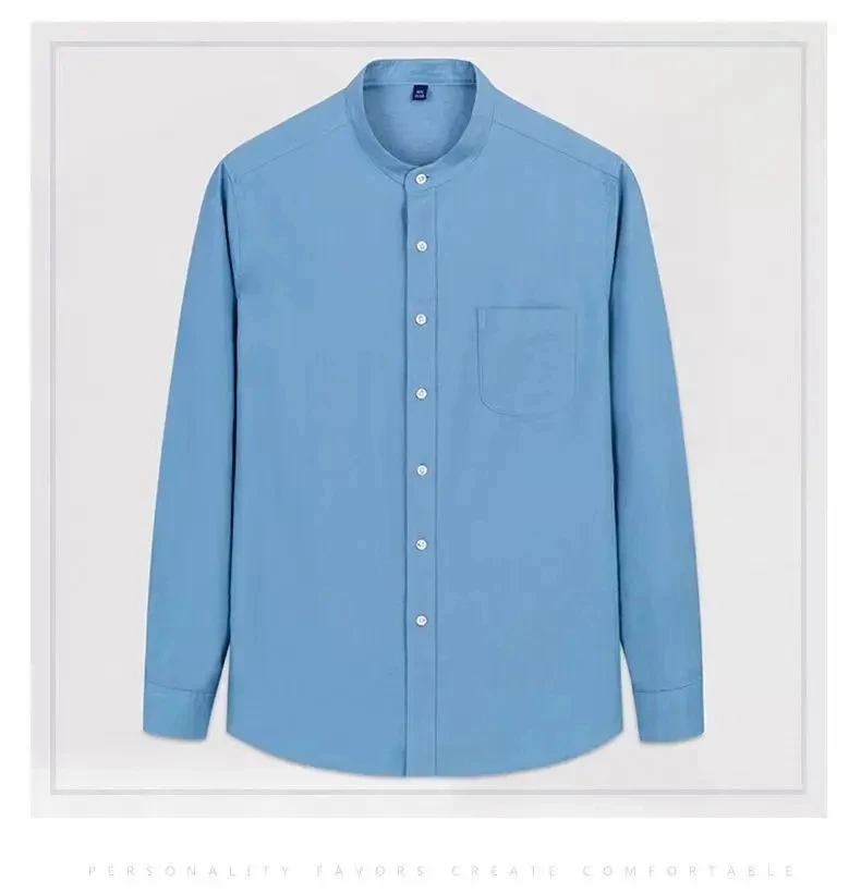 4XL Classic Stripe Solid Color Stand Collar 100% Cotton Men's Long Sleeve Shirt Work Business Office White Shirt Men Long Sleeve