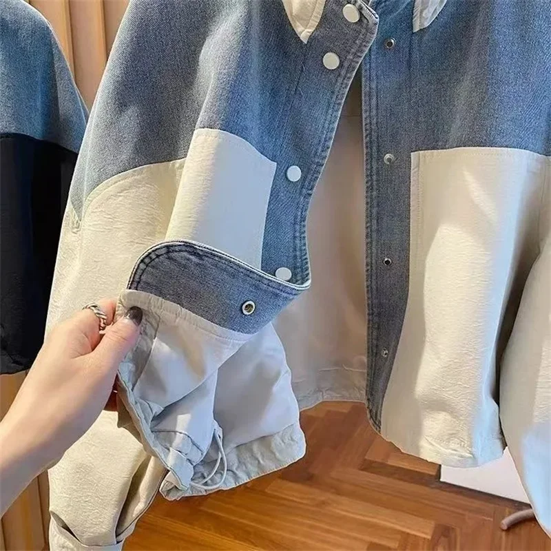 

European Denim Jacket Women's Spring Autumn 2025 New Splicing Collar Denim Coat Female Casual Overcoat Short Jeans Outwear Top
