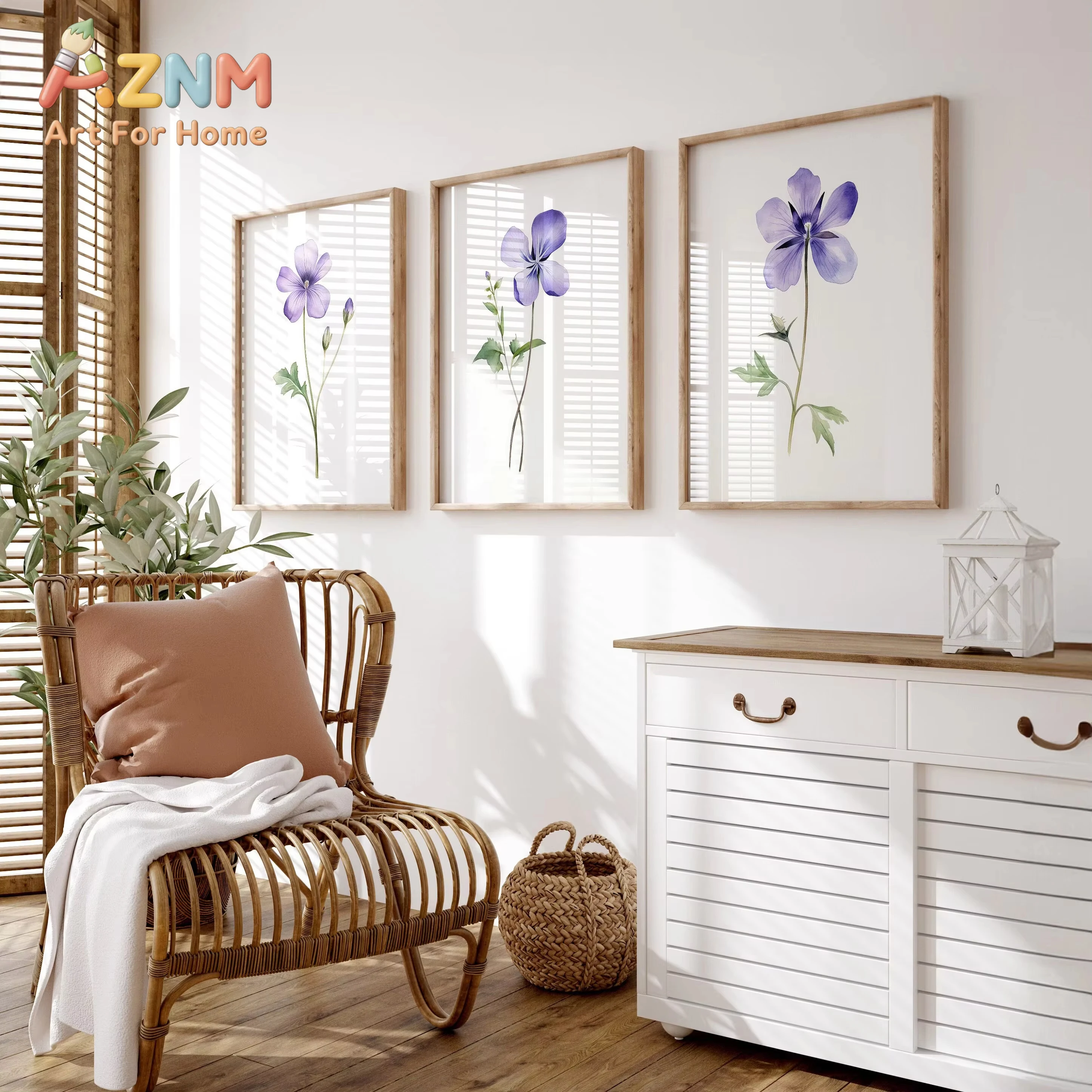 Set aus 3 Aquarell-Violett-Drucken, minimalistische, farbenfrohe Wanddekoration, botanische Blumen-Wandkunst, Poster, Heimdekoration, Geschenk für ein neues Zuhause