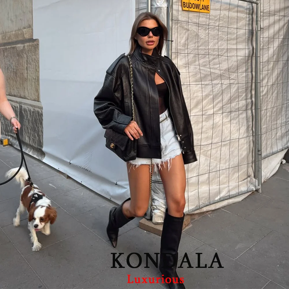 KONDALA Casual Chic Schwarz Leder Jacken Frauen Langarm Tasten Elastische Übergroße Mäntel Mode 2026 Frühling Streetwear Mäntel – Detail 14