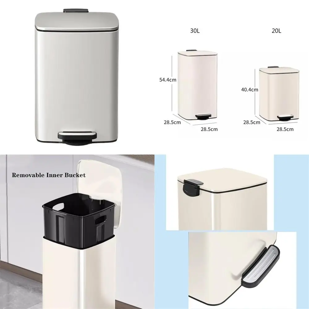 

square stainless steel pedal-activated trash can with 20-30 liter capacity and dual inner bins for recycling