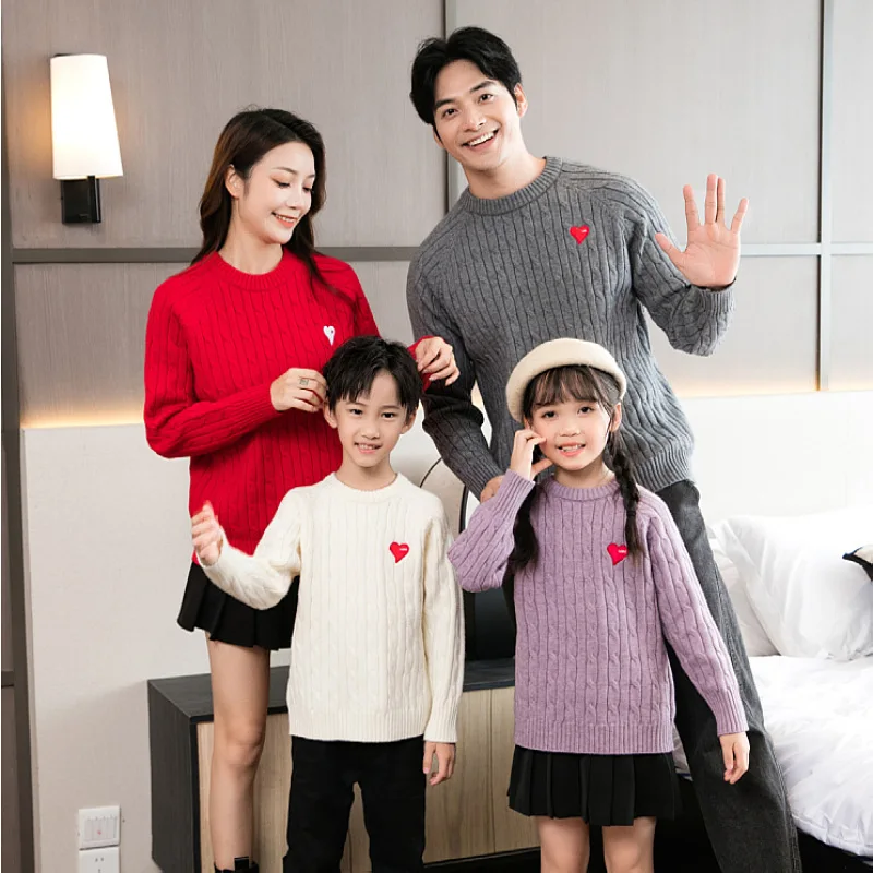 Family Outfits Winter Thickened Red Knit Sweater Mother Daughter Matching Parent Child Couple Baby Toddler Infant Knitwear