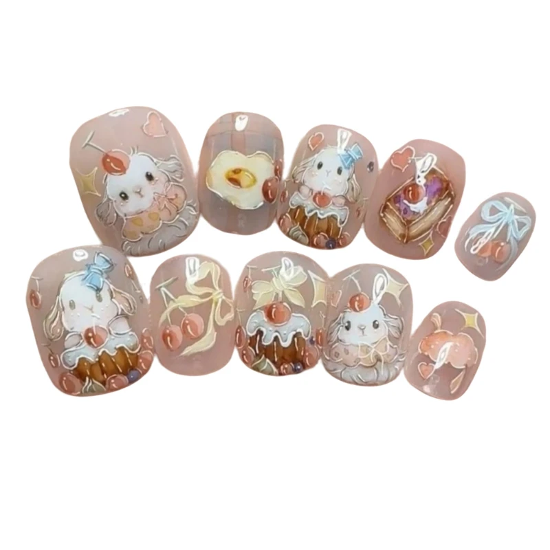 10 stuks zoete schattige lange oren konijn handgemaakte pers op nagels middag thee taart cherry boog kunst valse nagels verwijderbare herbruikbare