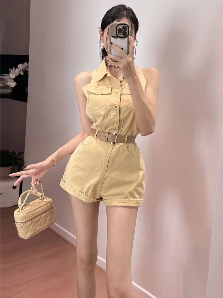 

Корейский джинсовый костюм с высокой талией, женский летний утягивающий модный костюм из смеси хлопка с воротником-стойкой