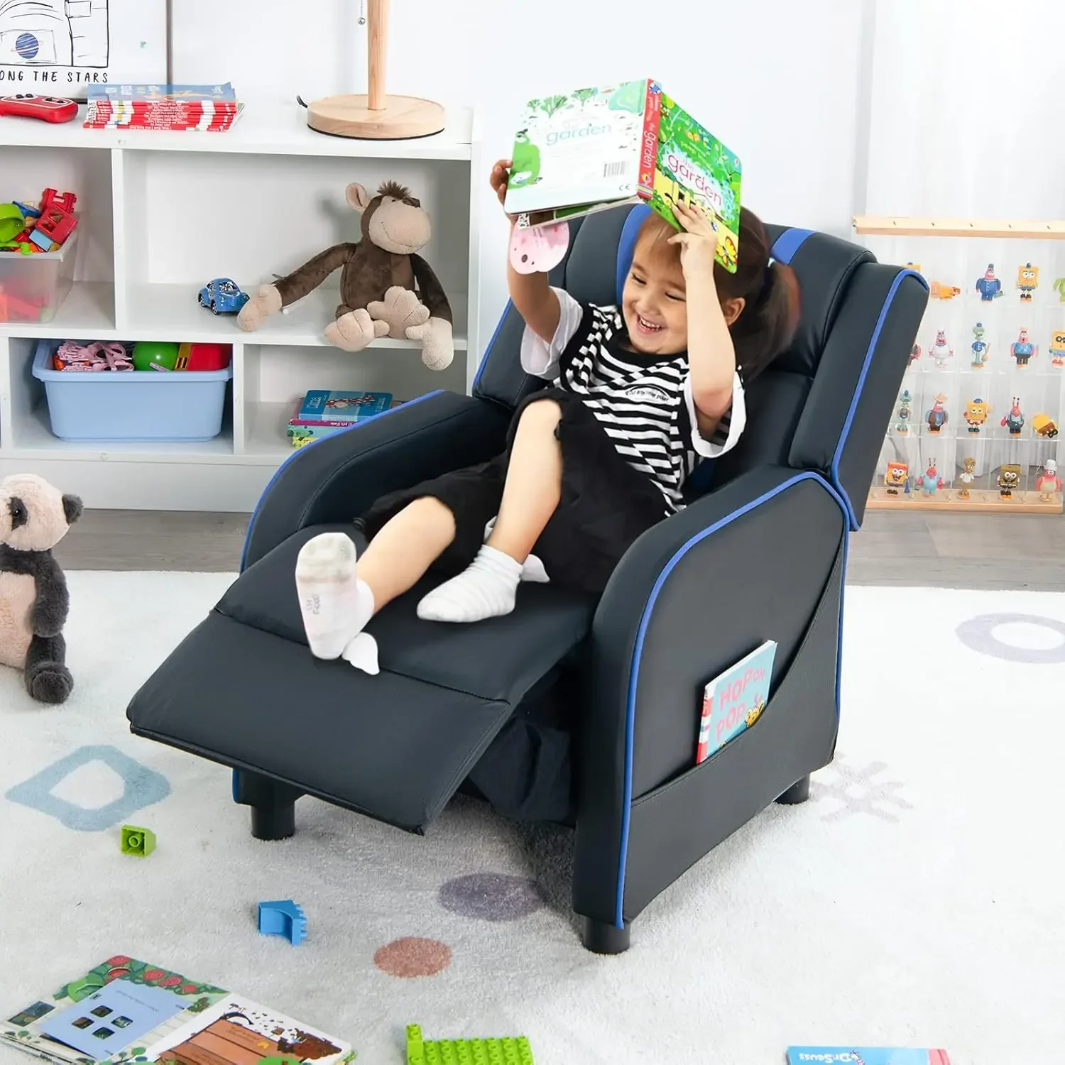 Gaming Recliner Chair w/Side Pockets, Footrest, Headrest & Lumbar Support for Kids Room & Play Room, Adjustable Racing Style Lea