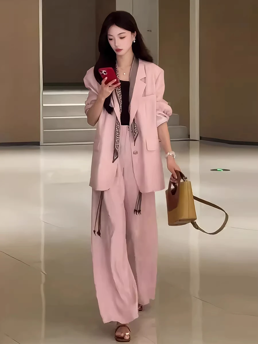 

Elegant Pink Suit Two-Piece Set Women's Summer New High-End Versatile Slimming Western Suiting Casual Style High Waist Pants