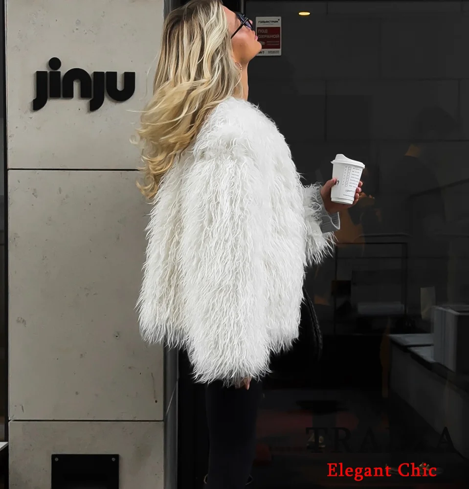 TRAFZA-Women Elegant Fur-Effect Jacket Coat O-Neck Feather-Like Faux Fur Jacket New Fall Winter Fashion Romantic Jacket Coat