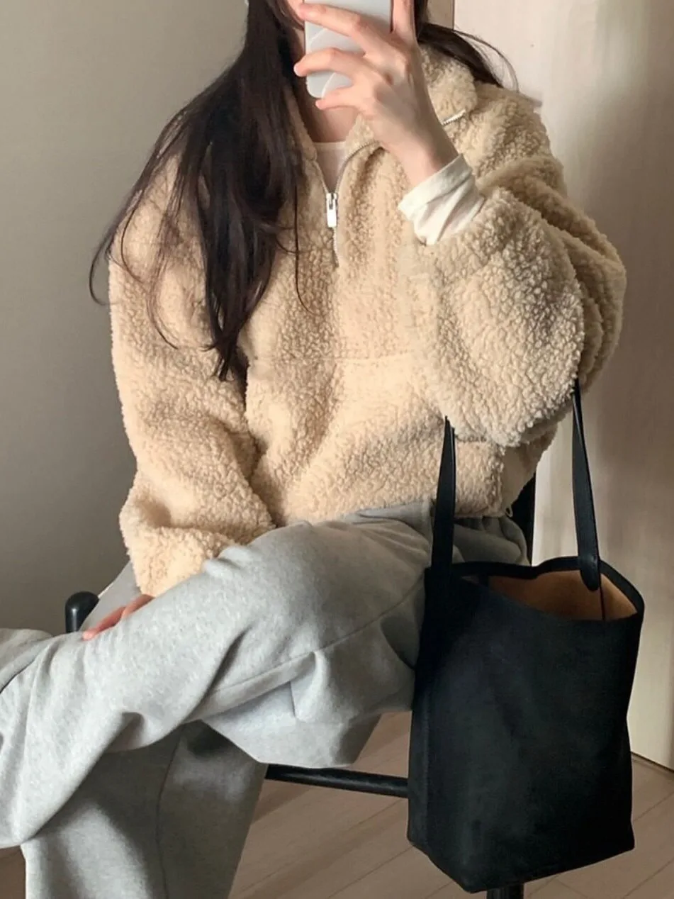 Lamb Fur Hoodie Women's Stand Collar Half Zipper Fluffy Sweatshirt Spring Autumn Winter New Style Pocket Drawstring Top