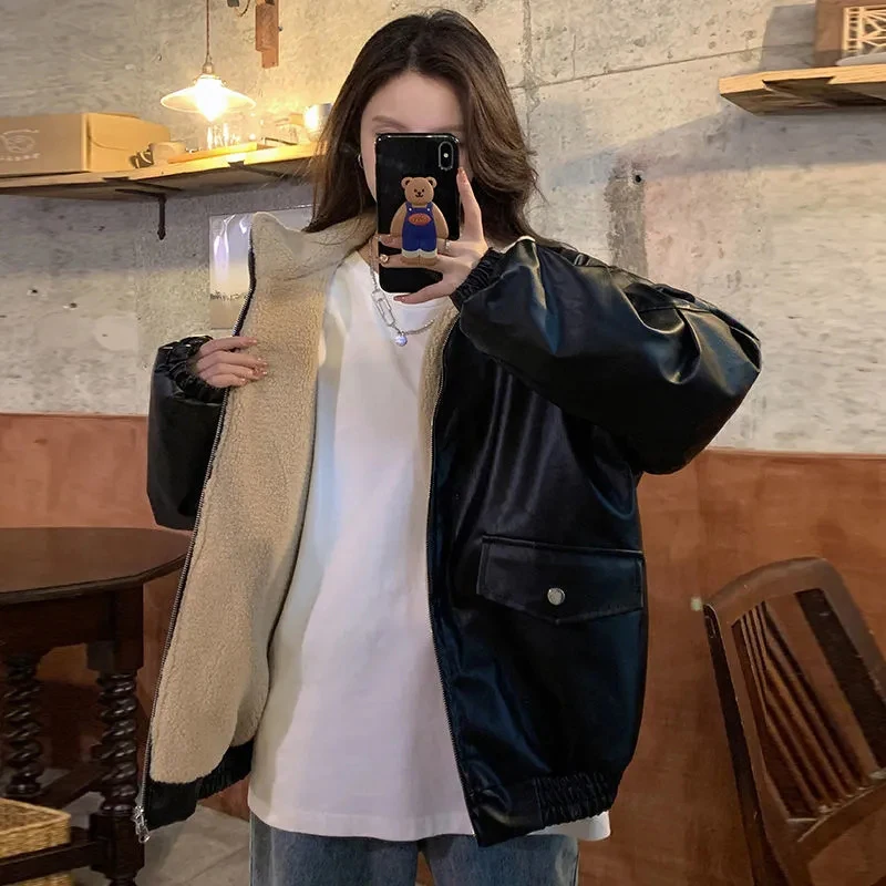 Reversible Brown Women Pu Jacket Sherpa Lined Coat Zip Up Fleece Oversized Retro Moto Streetwear Y2K Winter Outerwear Top