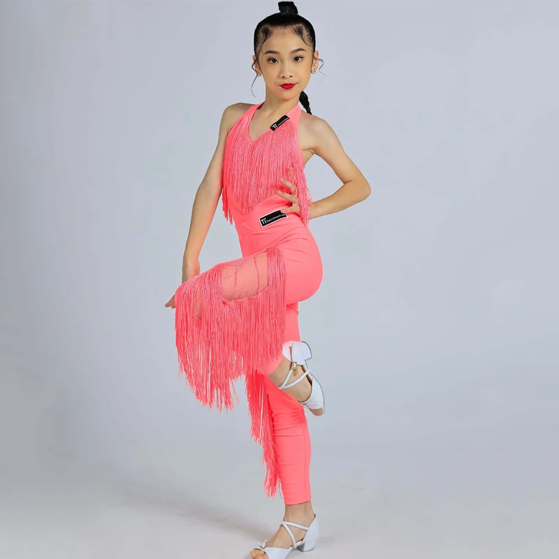 Summer Full Fringed Latin Dance Clothes Girls Halter Latin Top Tassles Pants Kids Stage Performance Dancing Costume SL9793