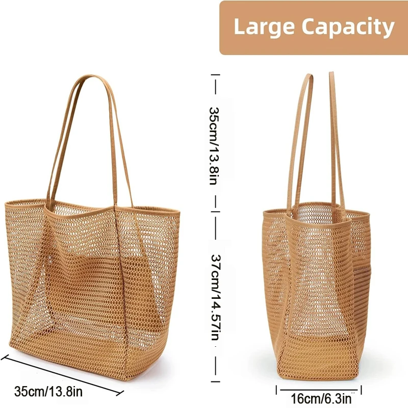 Portable Large Capacity Beach Bag Folding Business Travel Storage Bag Women Summer Outdoor Mezzanine Mesh Handbag