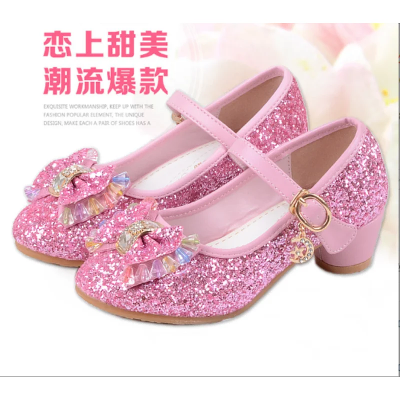 Girls Leather Wedding Shoes Baby Children\'s Sequins Princess Enfants Kids High Heels Dress Party Shoes for Girls 26-37