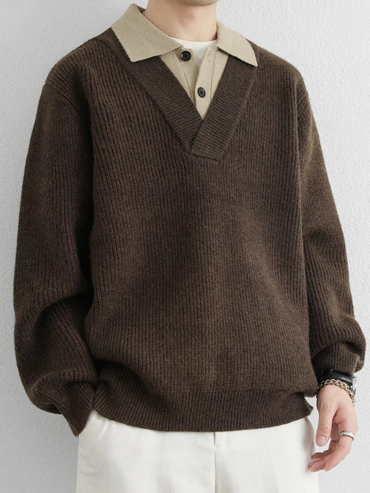 موضة المرقعة مزدوجة الطبقات بولو البلوزات الرجال Vintage زرر التلبيب متماسكة قميص بولو رجالي خريف شتاء عادية محبوك Polos #4