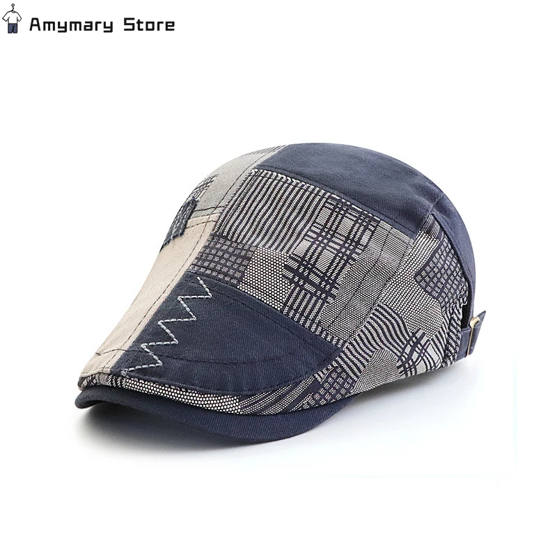 Men\'s Beret Patchwork Irregular Plaid Newsboy Hat Adjustable Fashion Retro Artist Painter Duckbill Visor Taxi Driver Gatsby Hat