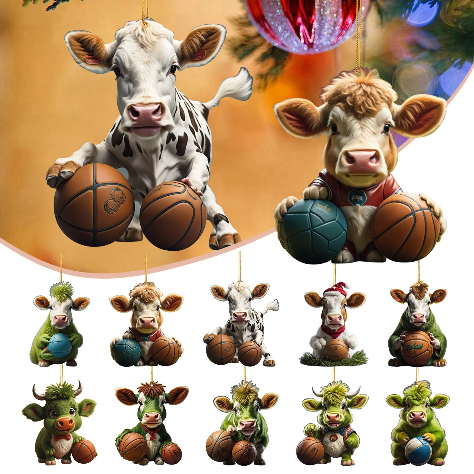 Acrylic Funny Cow Holding Christmas Basketball Christmas Tree Ornament Double Side Printing Cute Animal Series Pendant Gifts