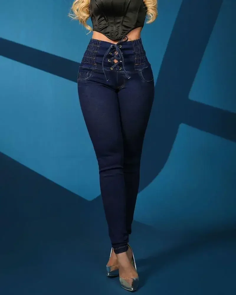 

Grommet Eyelet Lace-up High Waist Skinny Jeans Women Spring Summer Casual Ankle Length Denim Pants Jeans