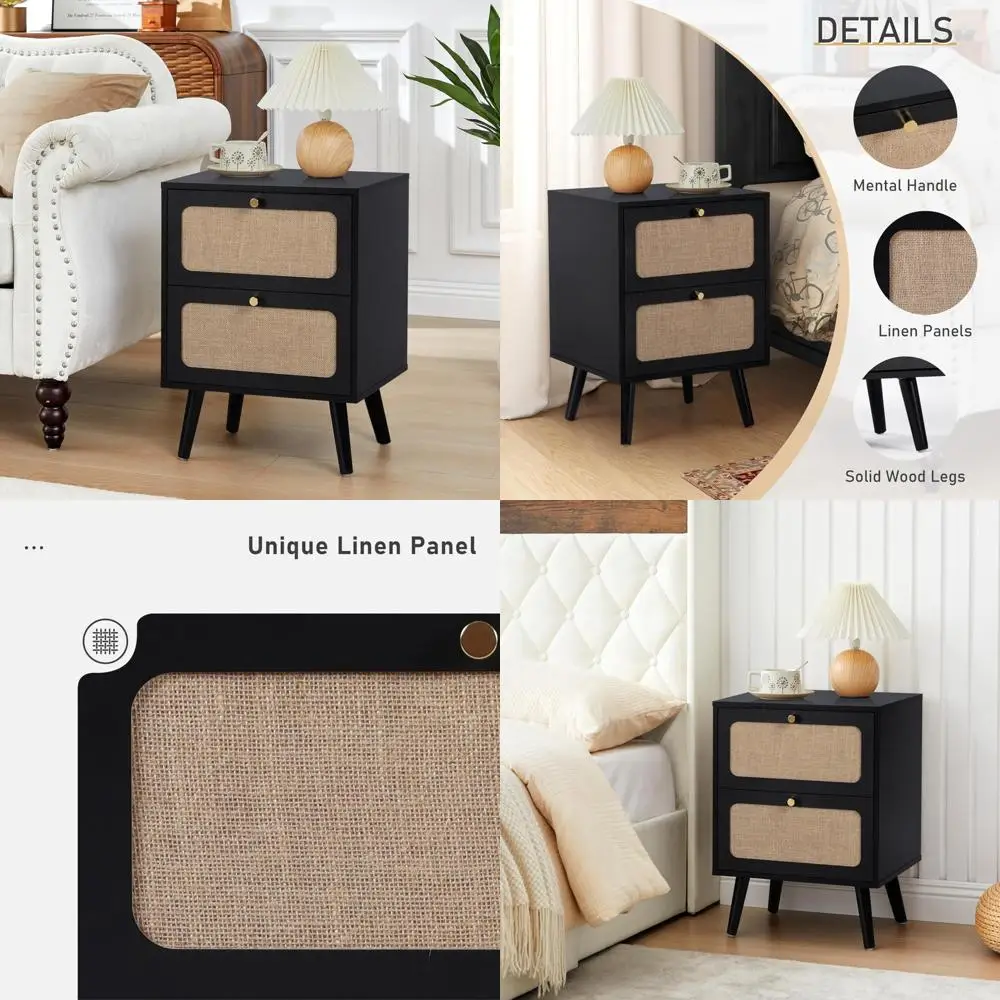 

mid-century 2-drawer nightstand, farmhouse storage end table, curved linen modern bedside tables