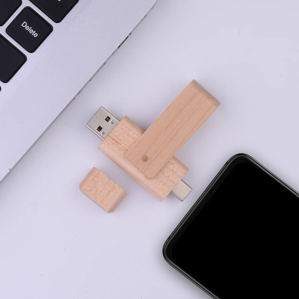 타입C 2 in 1 USB 플래시 드라이브 128GB 회전식 펜드라이브 64GB 메이플 월넛 우드 펜 드라이브 64GB 비즈니스 선물 USB 메모리 32GB