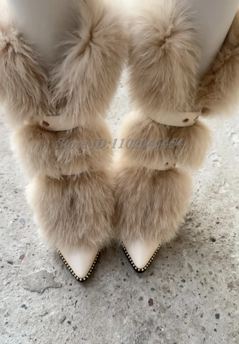 Winter Furry Wedges Leather Short Boots 2025 Women\'s Warm Buckled High Heels Pointed Toe Booties Big Size Luxury Designer Shoes