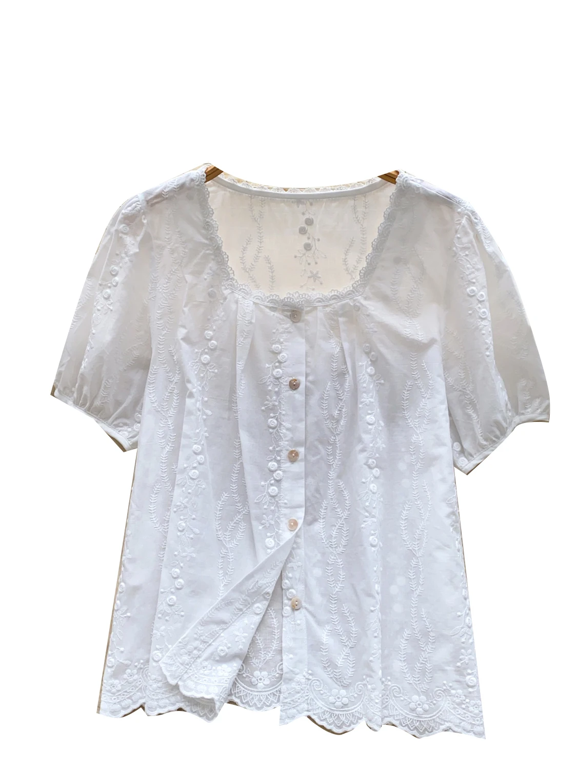 Casual Embroidered Bubble Sve irt Women's Summer Faion Age-Defng Square Collar Single Button Loose Fit Commute Sle