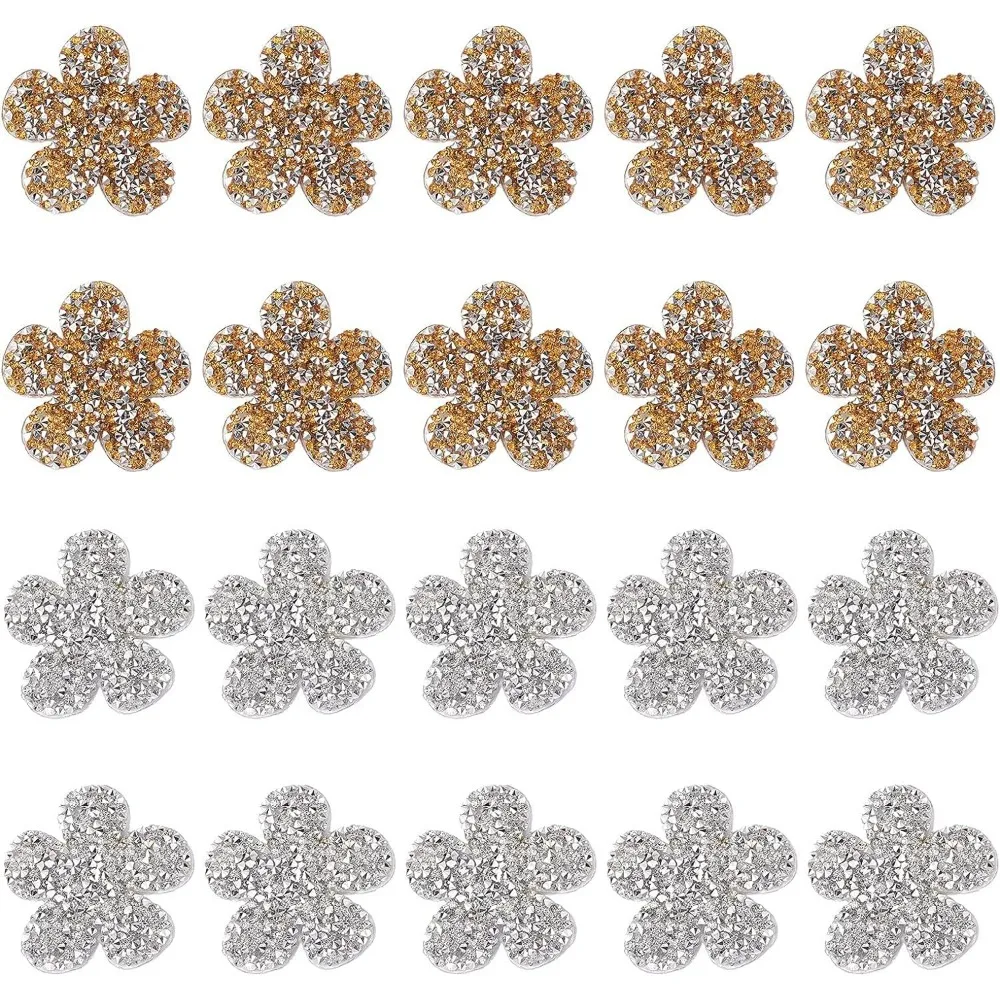 20 Pcs Flower Rhinestone Patches (Gold Silver) Crystal Iron/Sew on Patches Hot Melt Adhesive Applique Decoration Patche for