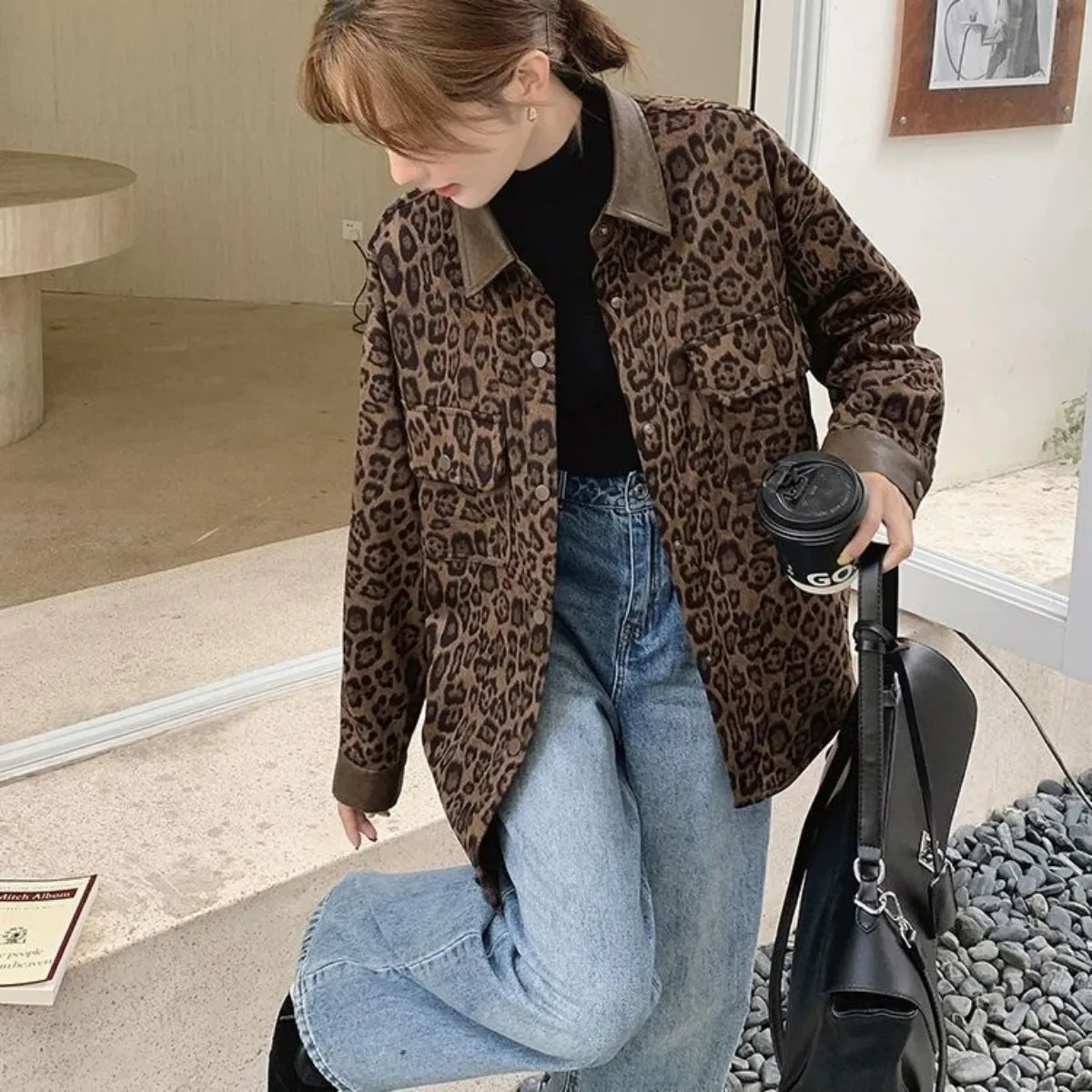 Women's Spring Autumn Tops Coat Suit Leopard Double Breasted Mid-Length Vintage Simple Comfortable Casual Niche Versatile Skinny