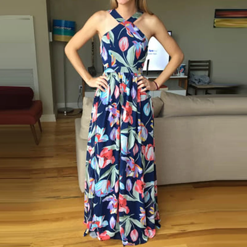 

2025 Spring Summer Off Shoulder Chiffon Dress Fashion Floral Printed Halter Maxi Dress Casual High Waisted Swing Women's Dresses